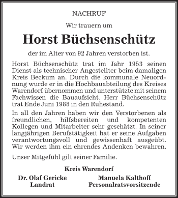 Traueranzeige von Horst Büchsenschütz von Die Glocke