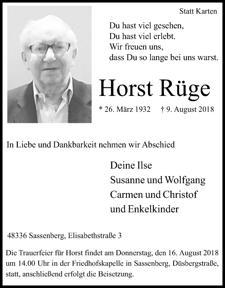  Traueranzeige für Horst Rüge vom 11.08.2018 aus Die Glocke