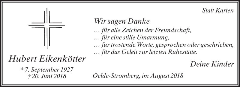  Traueranzeige für Hubert Eikenkötter vom 04.08.2018 aus Die Glocke