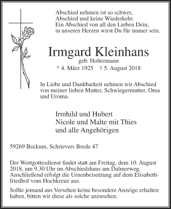 Traueranzeige von Irmgard Kleinhans von Die Glocke