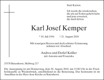 Traueranzeige von Karl Josef Kemper von Die Glocke