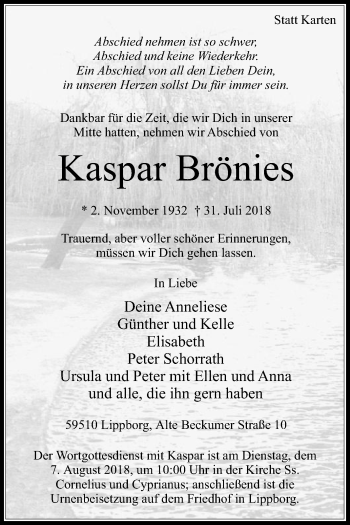 Traueranzeige von Kaspar Brönies von Die Glocke