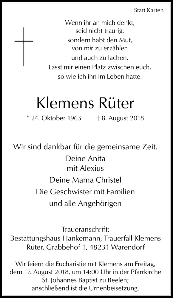  Traueranzeige für Klemens Rüter vom 13.08.2018 aus Die Glocke