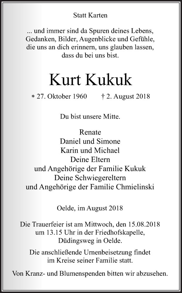 Traueranzeige für Kurt Kukuk vom 11.08.2018 aus Die Glocke