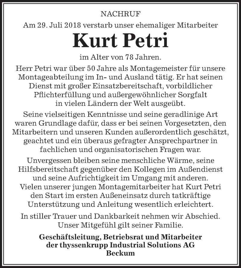  Traueranzeige für Kurt Petri vom 07.08.2018 aus Die Glocke