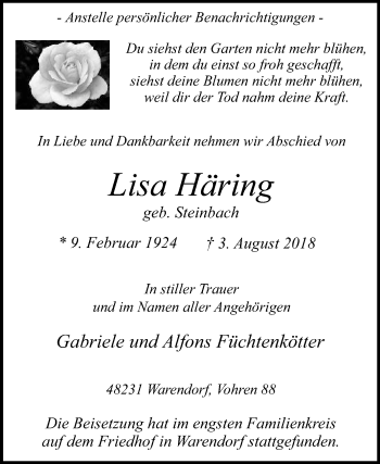 Traueranzeige von Lisa Häring von Die Glocke