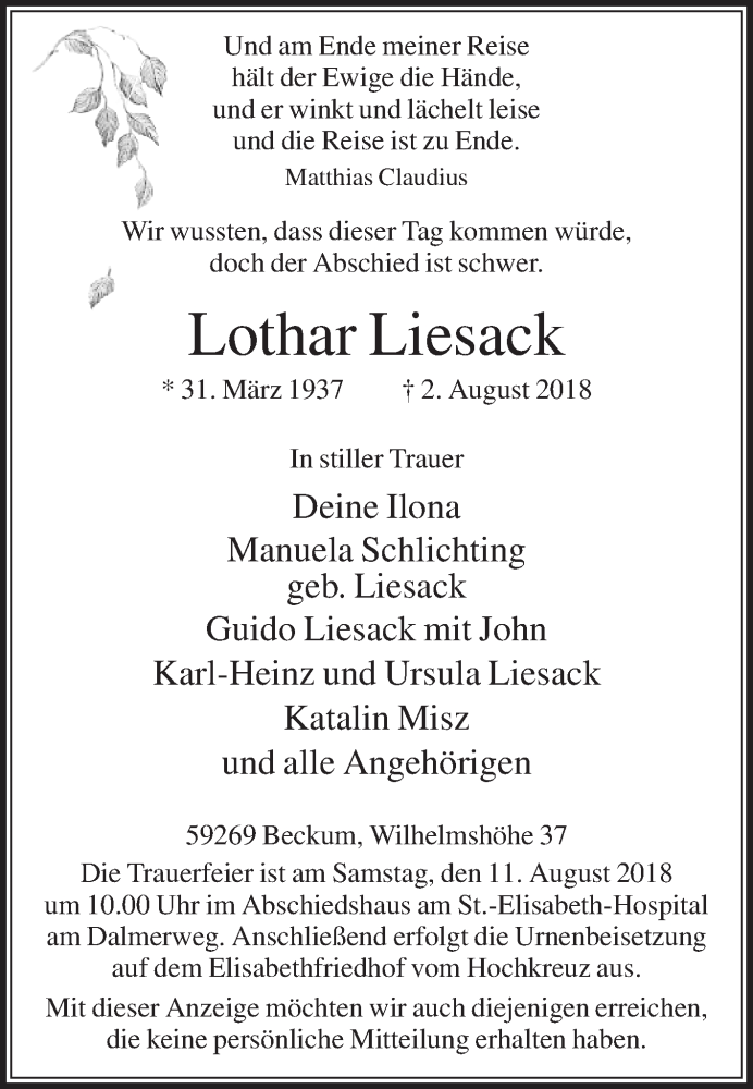  Traueranzeige für Lothar Liesack vom 08.08.2018 aus Die Glocke