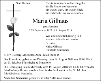 Traueranzeige von Maria Gilhaus von Die Glocke