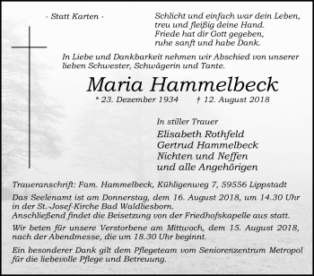 Traueranzeige von Maria Hammelbeck von Die Glocke