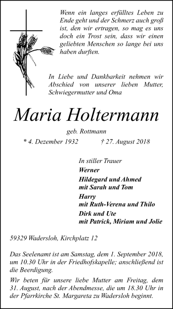 Traueranzeige von Maria Holtermann von Die Glocke