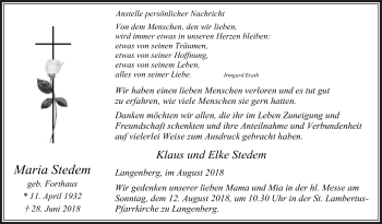 Traueranzeige von Maria Stedem von Die Glocke