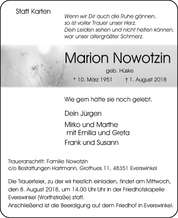 Traueranzeige von Marion Nowotzin von Die Glocke