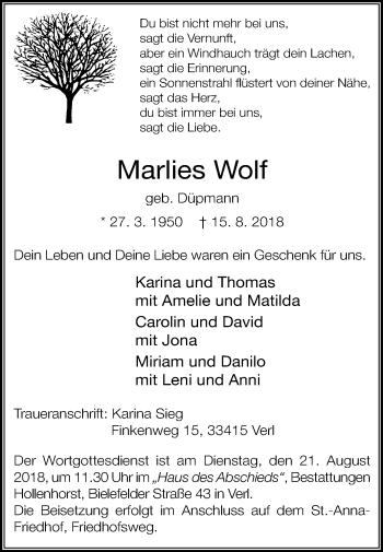 Traueranzeige von Marlies Wolf von Die Glocke