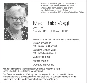 Traueranzeige von Mechthild Voigt von Die Glocke