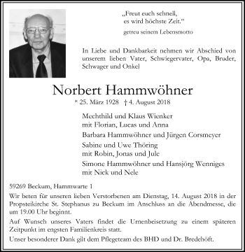 Traueranzeige von Norbert Hammwöhner von Die Glocke