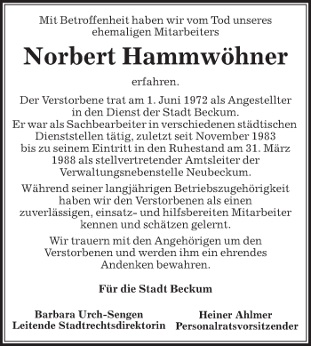 Traueranzeige von Norbert Hammwöhner von Die Glocke