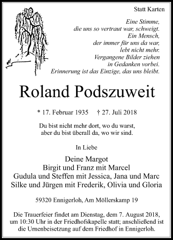 Traueranzeige von Roland Podszuweit von Die Glocke