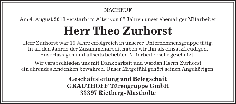  Traueranzeige für Theo Zurhorst vom 11.08.2018 aus Die Glocke