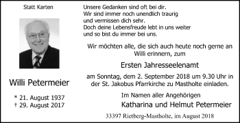Traueranzeige von Willi Petermeier von Die Glocke