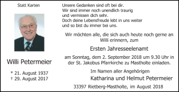 Traueranzeige von Willi Petermeier von Die Glocke