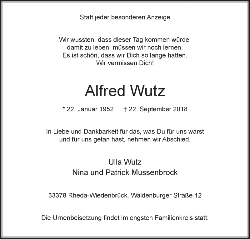  Traueranzeige für Alfred Wutz vom 25.09.2018 aus Die Glocke