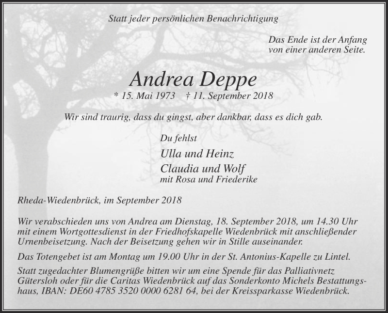  Traueranzeige für Andrea Deppe vom 15.09.2018 aus Die Glocke