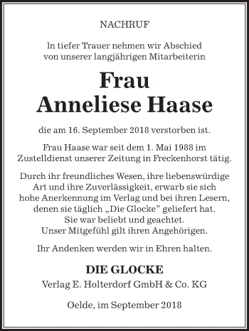 Traueranzeige von Anneliese Haase von Die Glocke