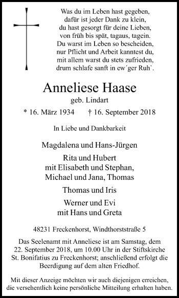 Traueranzeige von Anneliese Haase von Die Glocke