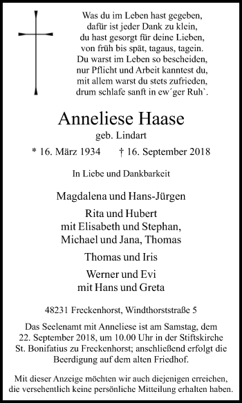 Traueranzeige von Anneliese Haase von Die Glocke