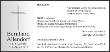 Traueranzeige von Bernhard Allendorf von Die Glocke