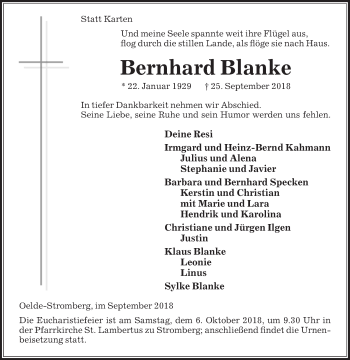 Traueranzeige von Bernhard Blanke von Die Glocke