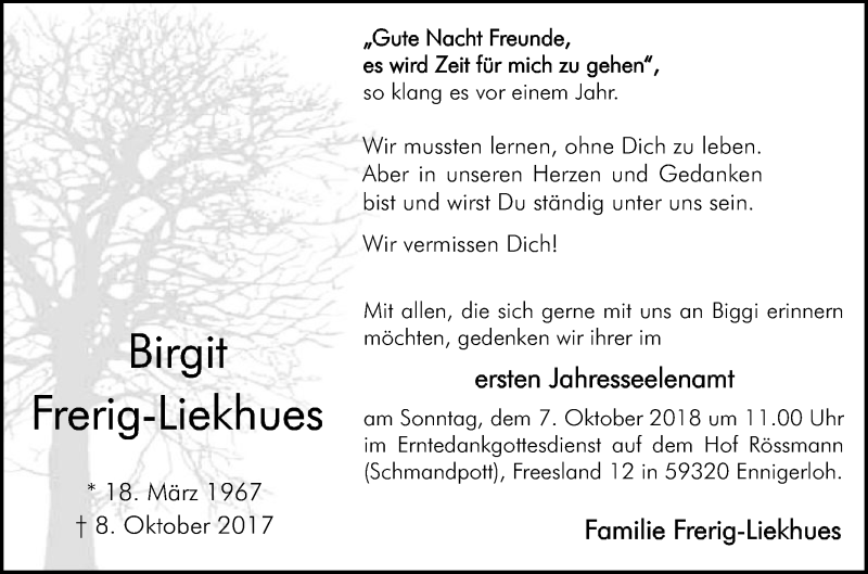  Traueranzeige für Birgit Frerig-Liekhues vom 29.09.2018 aus Die Glocke