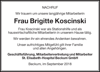 Traueranzeige von Brigitte Koscinski von Die Glocke