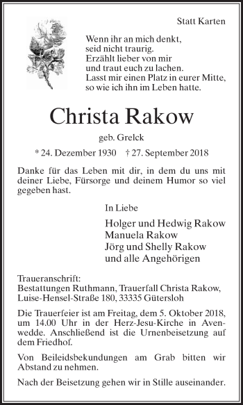 Traueranzeige von Christa Rakow von Die Glocke