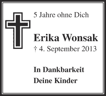 Traueranzeige von Erika Wonsak von Die Glocke