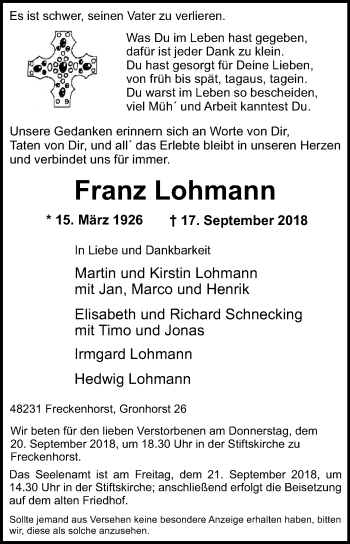 Traueranzeige von Franz Lohmann von Die Glocke