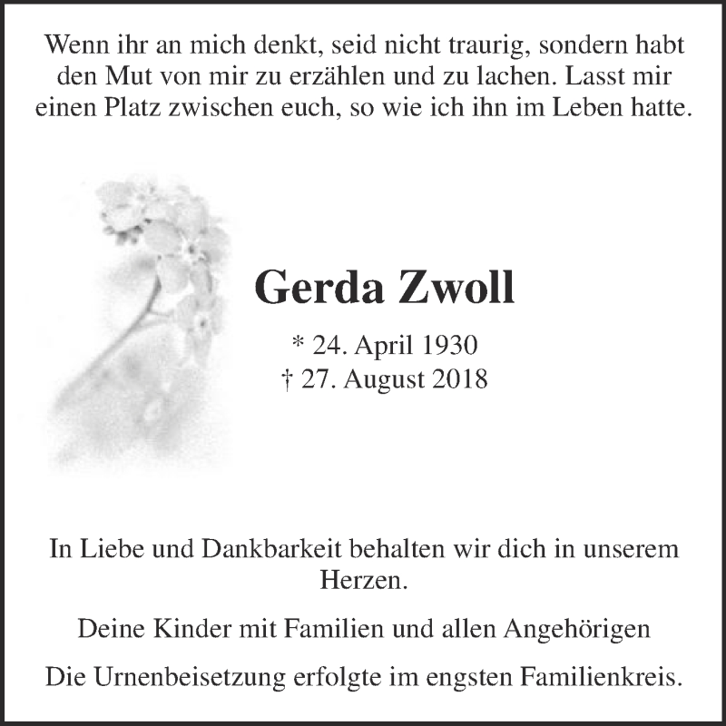  Traueranzeige für Gerda Zwoll vom 15.09.2018 aus Die Glocke