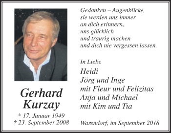 Traueranzeige von Gerhard Kurzay von Die Glocke