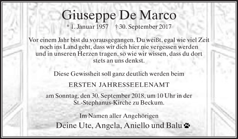  Traueranzeige für Giuseppe De Marco vom 26.09.2018 aus Die Glocke