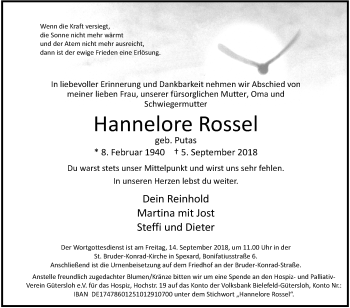 Traueranzeige von Hannelore Rossel von Die Glocke