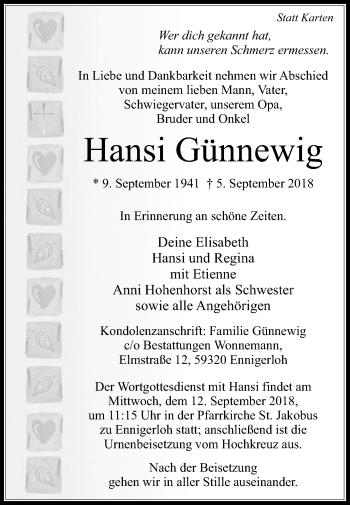 Traueranzeige von Hansi Günnewig von Die Glocke