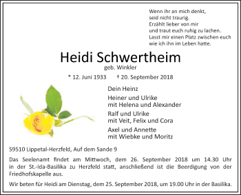 Traueranzeige von Heidi Schwertheim von Die Glocke