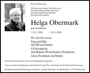 Traueranzeige von Helga Obermark von Die Glocke