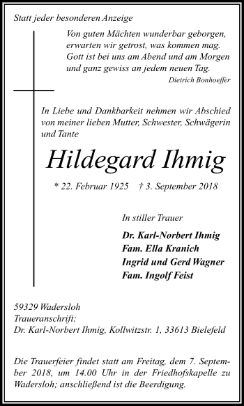 Traueranzeige von Hildegard Ihmig von Die Glocke