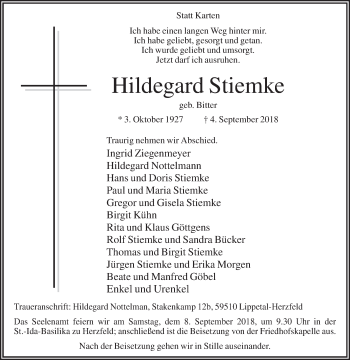 Traueranzeige von Hildegard Stiemke von Die Glocke