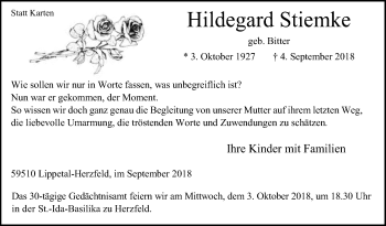 Traueranzeige von Hildegard Stiemke von Die Glocke