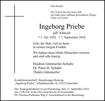 Traueranzeige von Ingeborg Priebe von Die Glocke