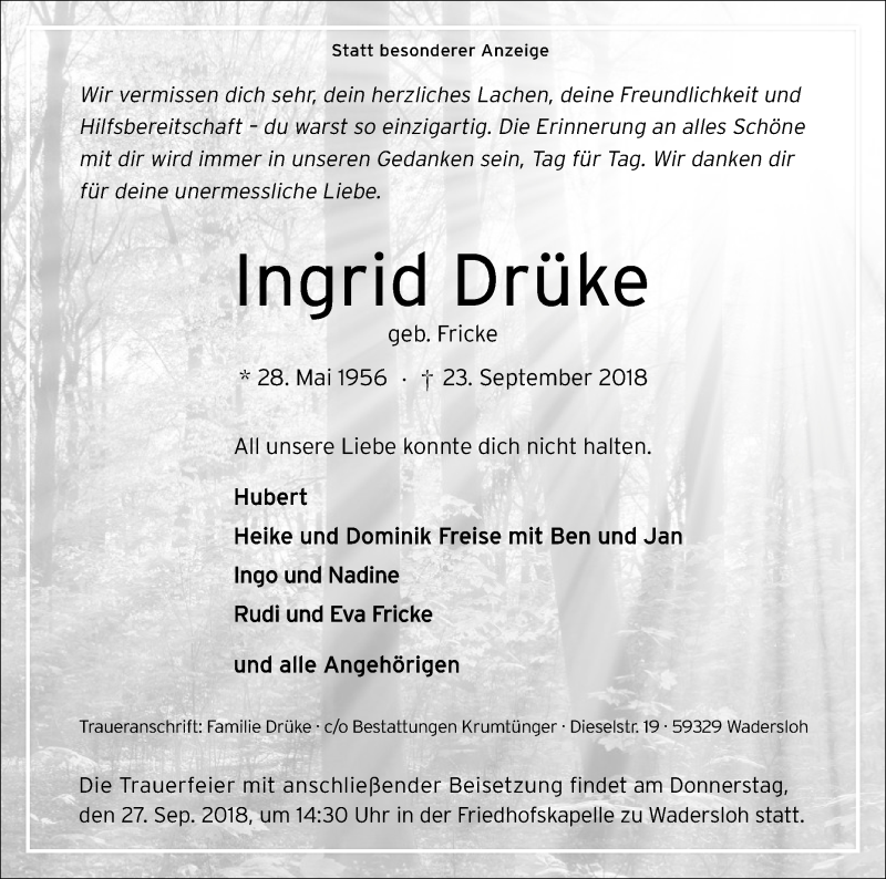  Traueranzeige für Ingrid Drüke vom 25.09.2018 aus Die Glocke