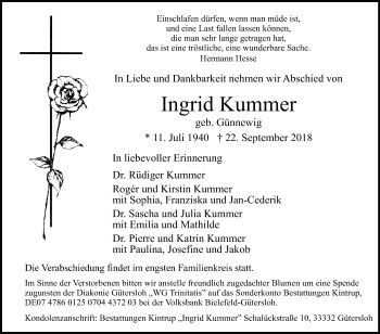 Traueranzeige von Ingrid Kummer von Die Glocke