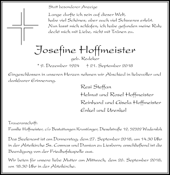 Traueranzeige von Josefine Hoffmeister von Die Glocke